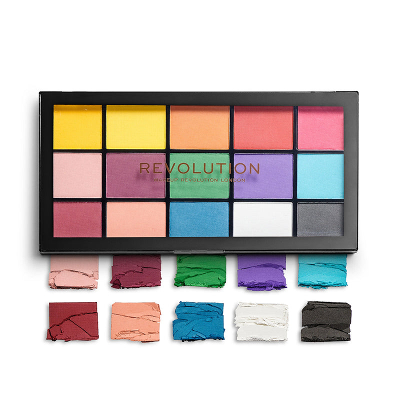 Makeup palette with colorful shades and 'Revolution' branding, displayed with swatches on a white background.