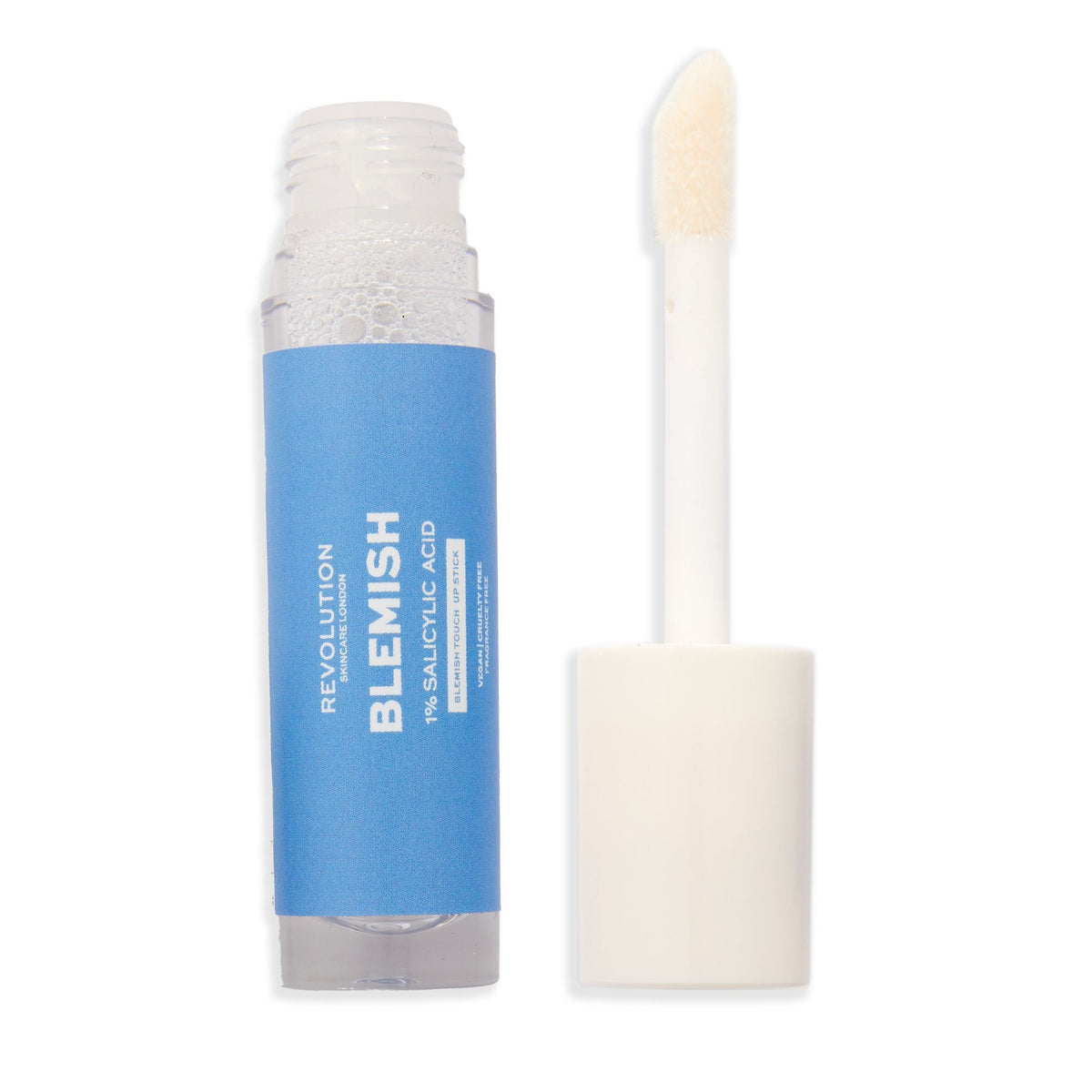 Skincare product with blue container and white applicator on a white background