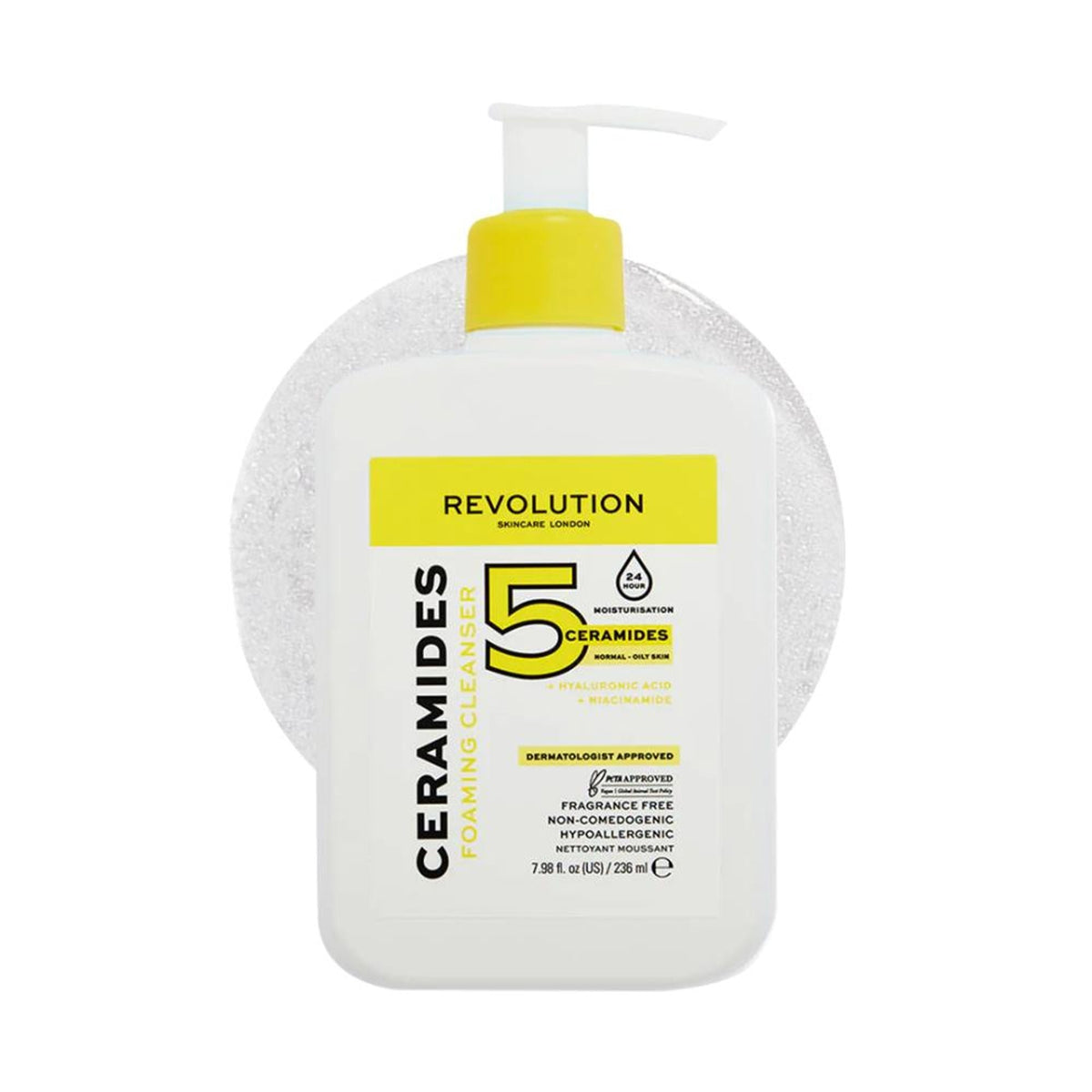 Ceramides 5 foaming cleanser bottle with Revolution Skincare London branding on a white background
