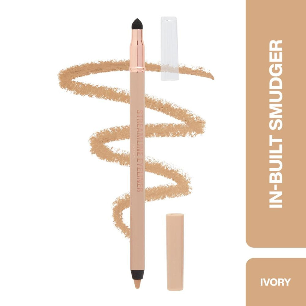 Makeup pencil with smudger and swatch on a white background, labeled 'In-Built Smudger Ivory'.