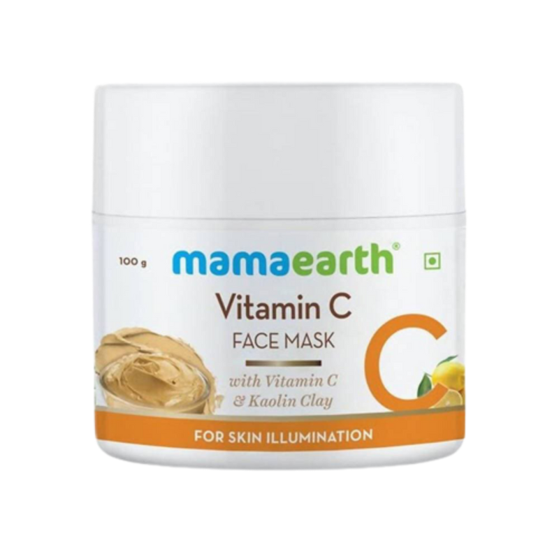 A jar of Mamaearth Vitamin C Face Mask with the label showing the product name and its use for skin illumination.