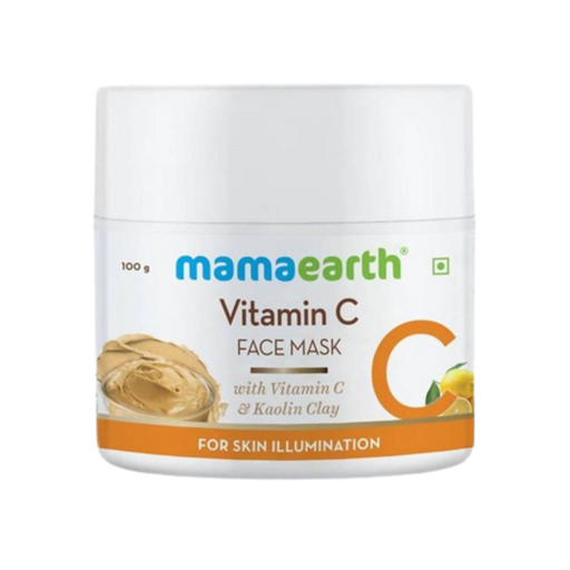 A jar of Mamaearth Vitamin C Face Mask with the label showing the product name and its use for skin illumination.