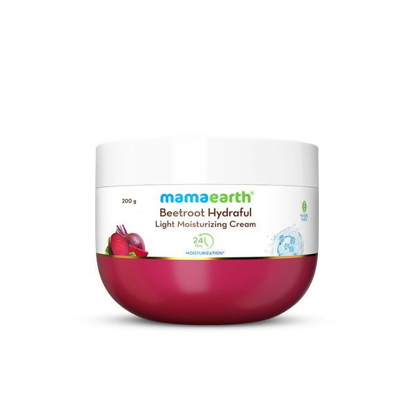 Mamaearth Beetroot Hydraful Light Moisturizing Cream jar on a white background