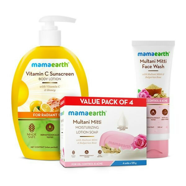 A collection of Mamaearth skincare products including Vitamin C Sunscreen Body Lotion, Multani Mitti Face Wash, and Multani Mitti Moisturizing Lotion Soap, presented with packaging displaying the product name and benefits.