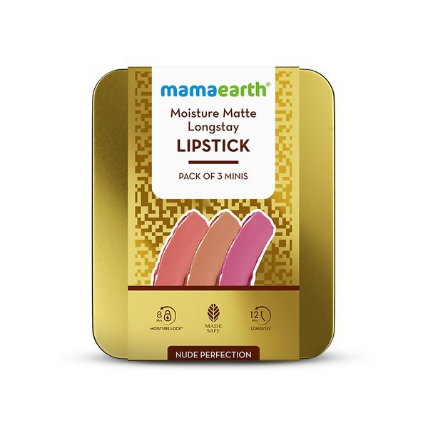 Packaging of Mamaearth Moisture Matte Longstay Lipstick with three lip swatches on a white background