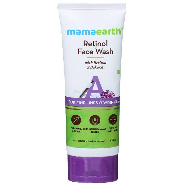 A tube of Mamaearth Retinol Face Wash with purple and green label, indicating that it's for fine lines and wrinkles.