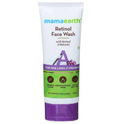 A tube of Mamaearth Retinol Face Wash with purple and green label, indicating that it's for fine lines and wrinkles.