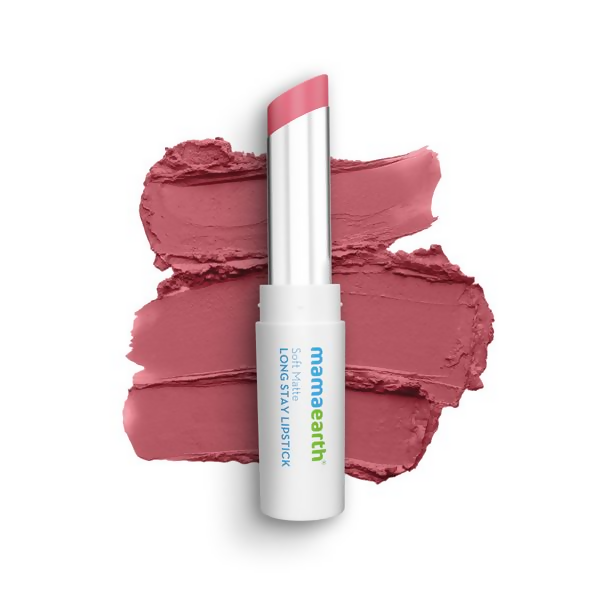 Mamaearth lipstick with pink lipstick swatch on a white background
