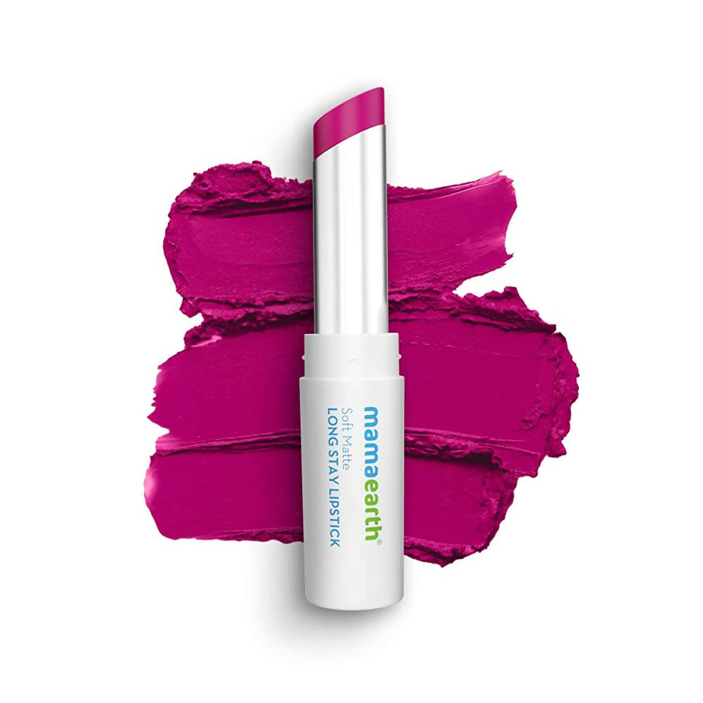 Mamaearth lipstick with pink lipstick swatch on a white background