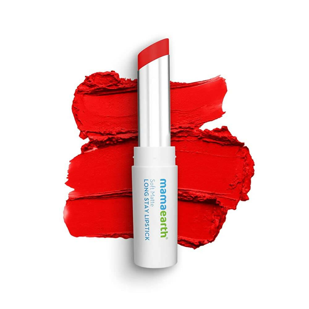 Mamaearth lipstick with red lipstick application on a white background