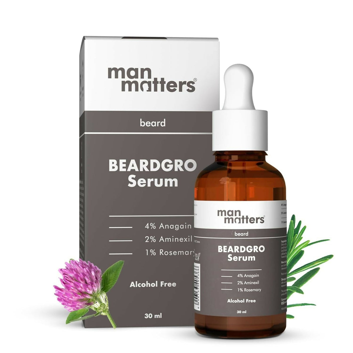 Man Matters BeardGro Serum bottle and packaging on a white background