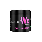 Black jar of Mancode Whitening Cream with pink text on a white background