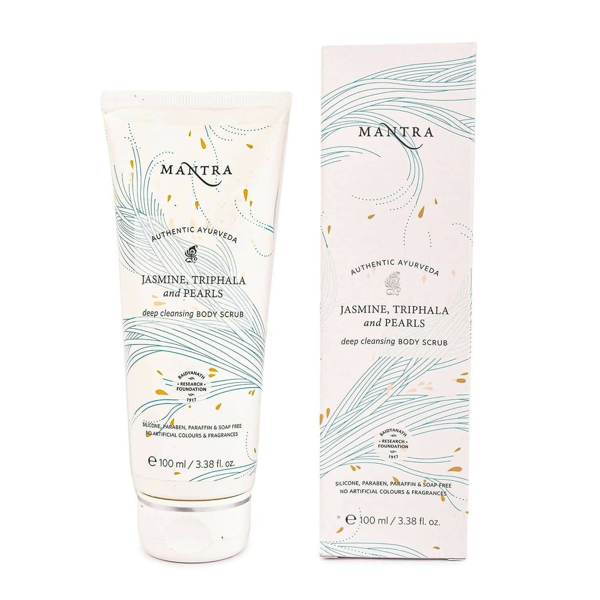 Mantra Jasmine, Triphala, and Pearls deep cleansing body scrub with packaging on a white background