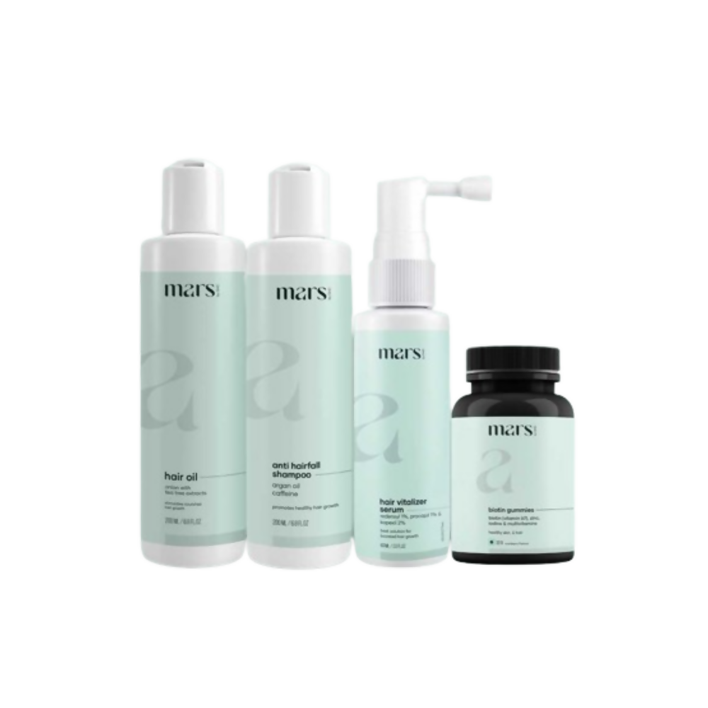 Set of Mars hair care products including oil, shampoo, conditioner, and vitamins on a white background.