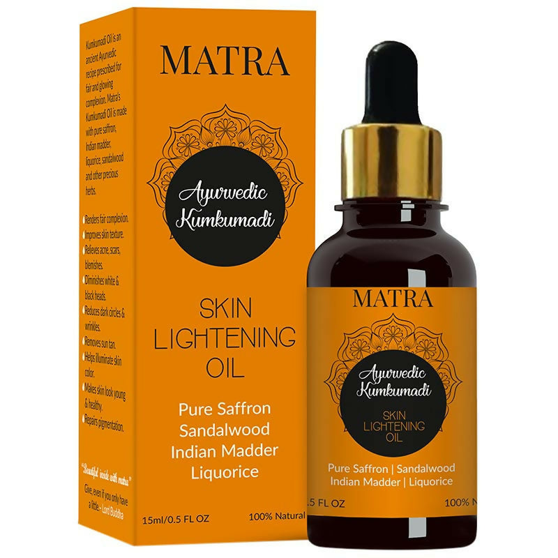 Matra Ayurvedic Kumkumadi Skin Lightening Oil bottle and packaging on a white background