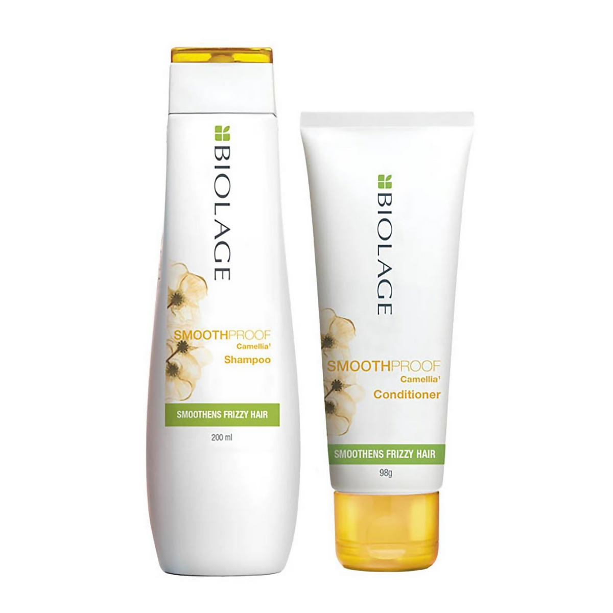 Biolage SmoothProof shampoo and conditioner bottles on a white background