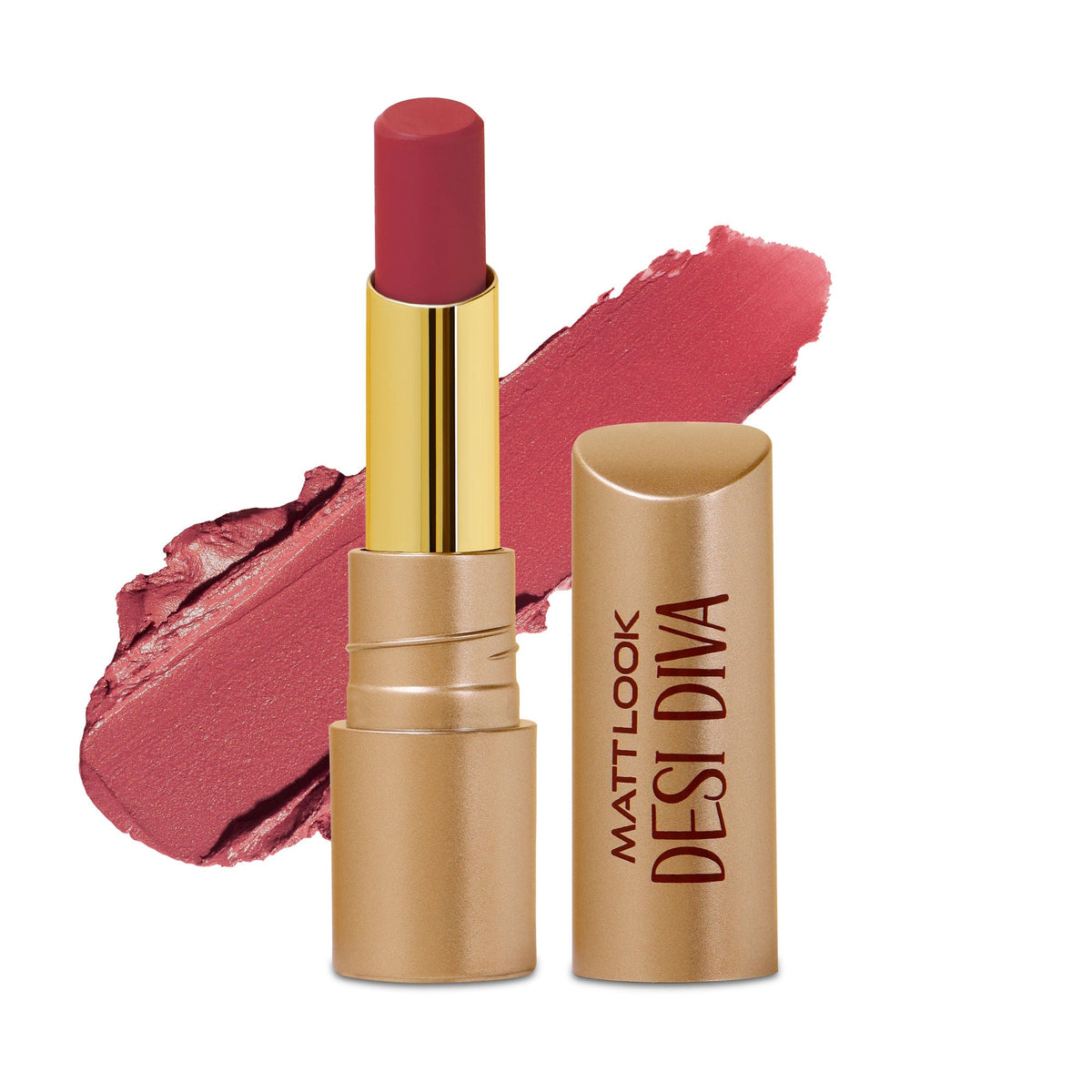 Lipstick with gold cap and 'Matt Look Desi Diva' text on a white background
