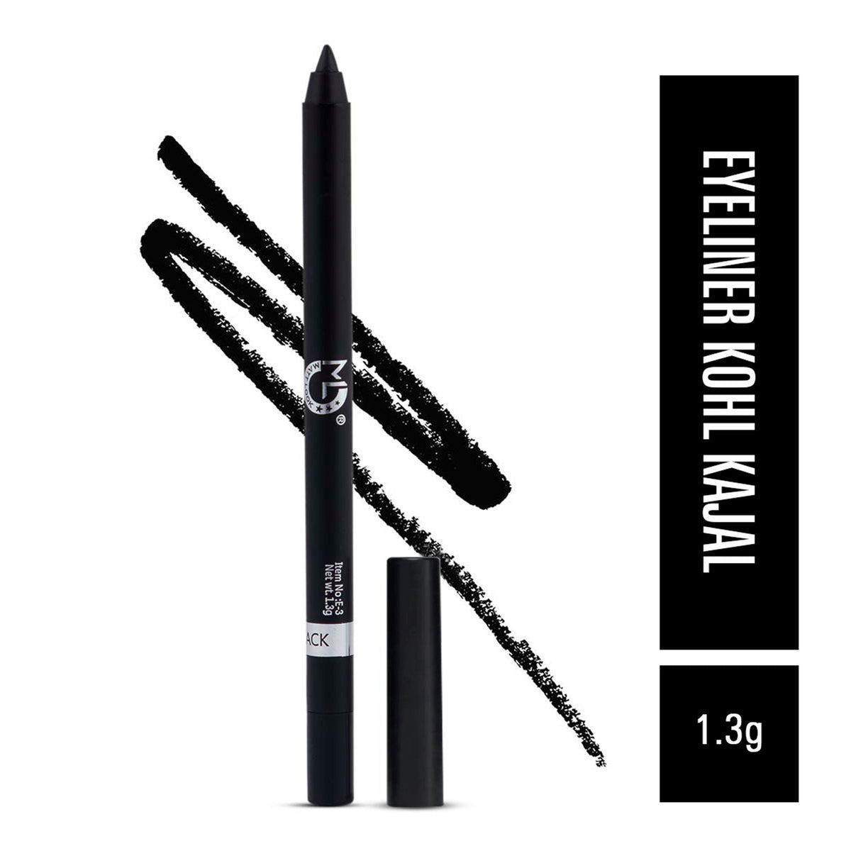 Black eyeliner pencil with applicator and packaging on a white background