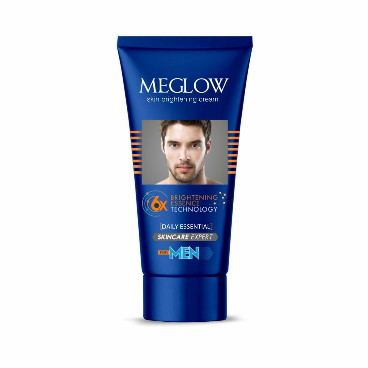 Blue tube of Meglow skin brightening cream for men on a white background