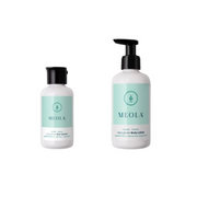 Two bottles of Meola Skincare products, one labeled as Face Cleanser and the other as Body Lotion, each with a pump dispenser, against a white background.