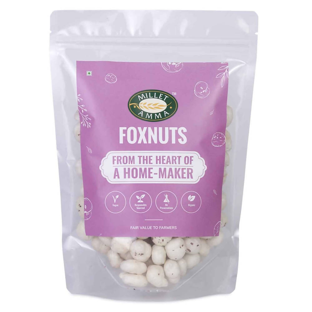 Packaged foxnuts with a purple label on a white background
