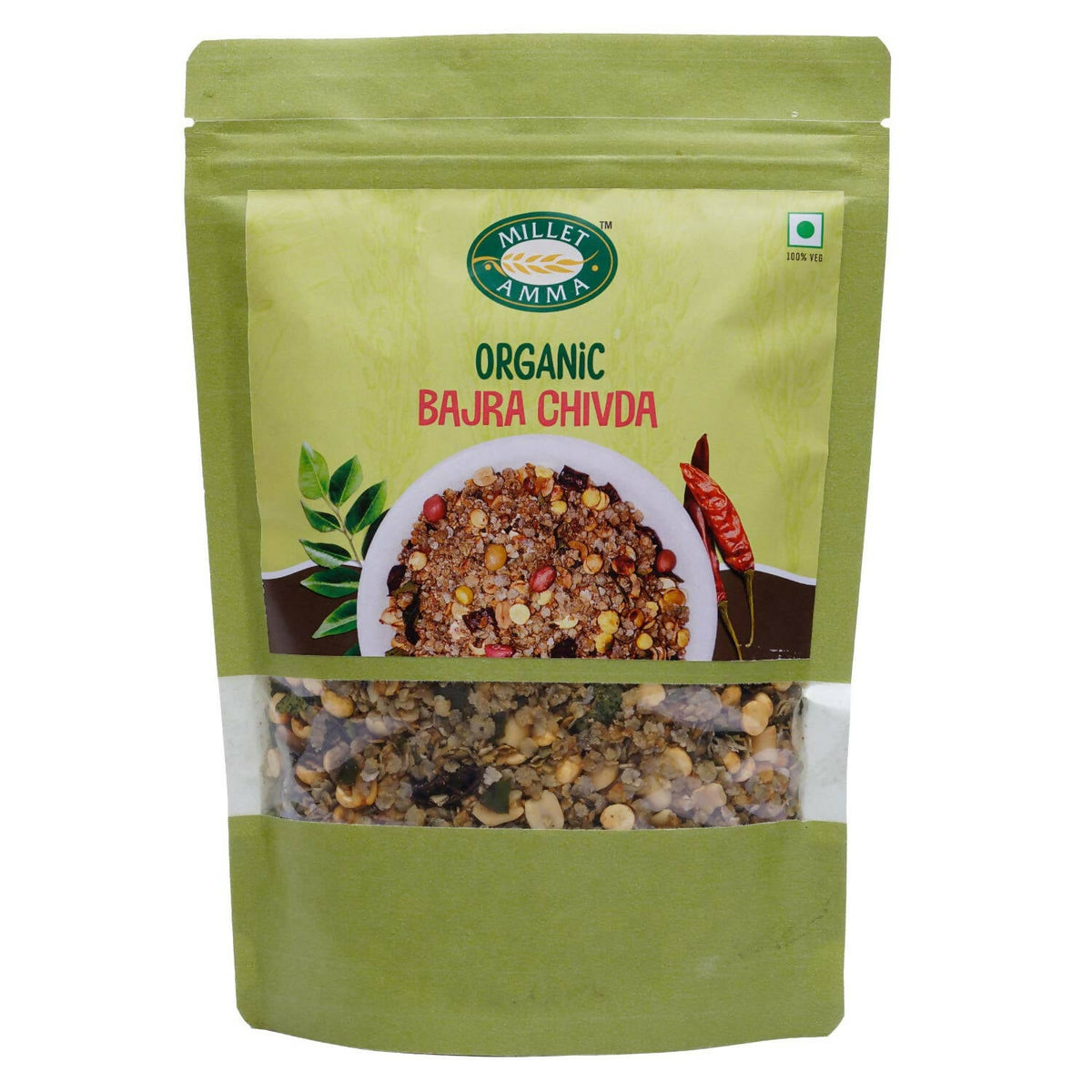 Green package of organic Bajra Chivda with visible ingredients on a white background