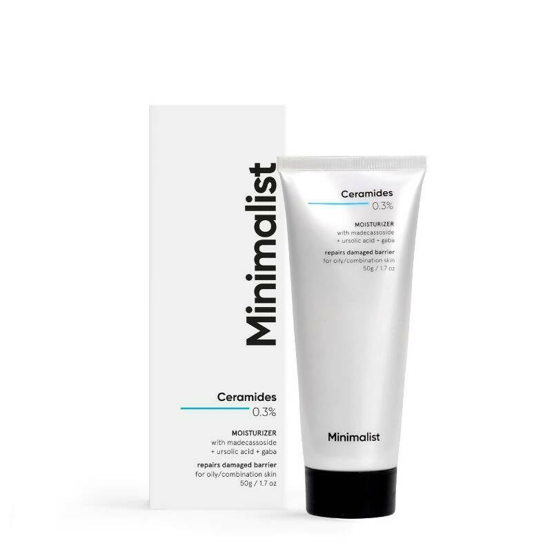 Tube and box of 'Minimalist' Ceramides moisturizer on a white background