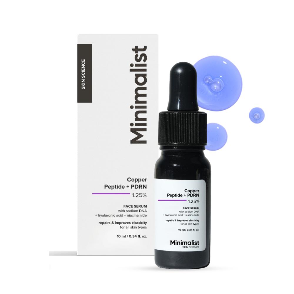 Black serum bottle with dropper and 'Minimalist' branding on a white background
