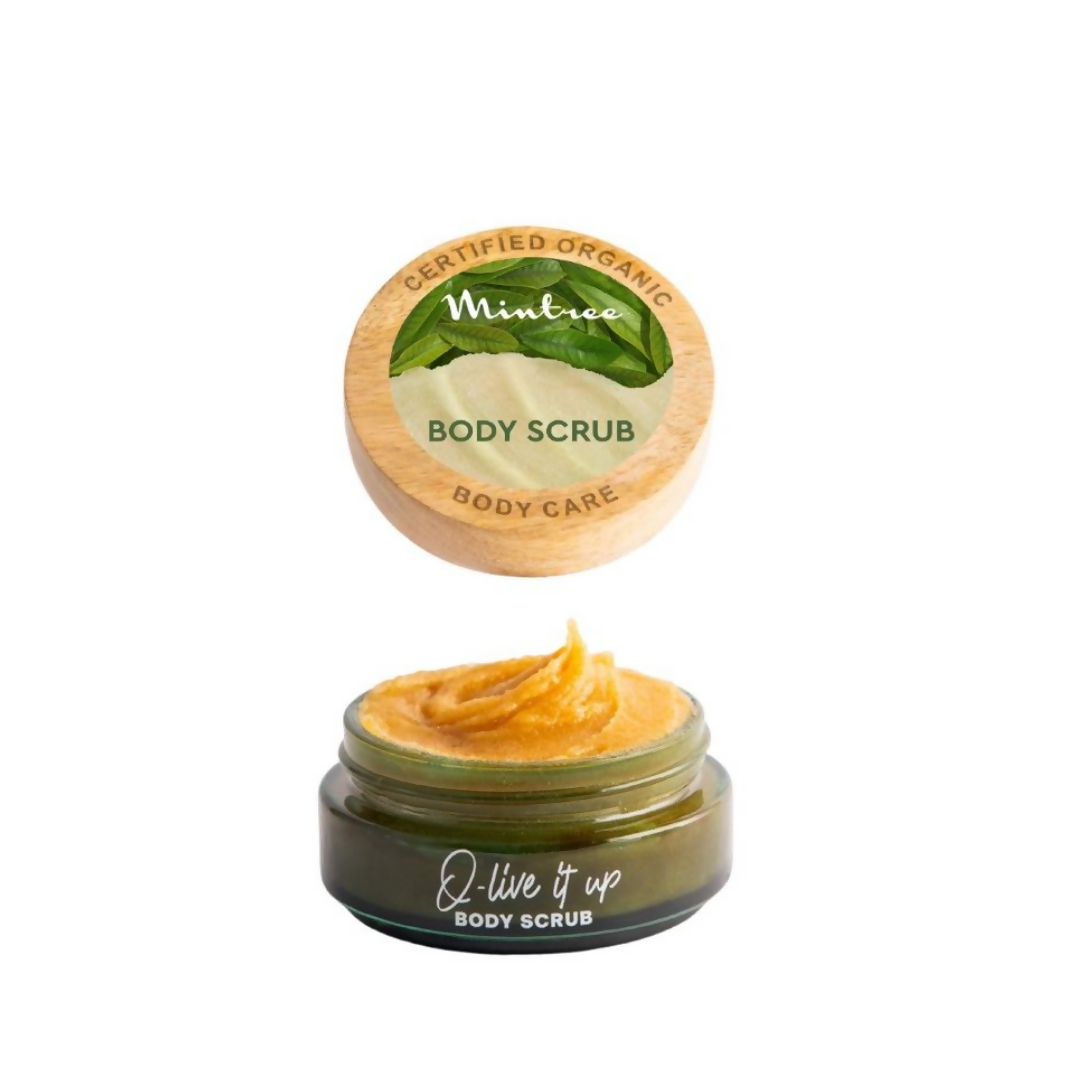 Two jars of body scrub, one open showing scrub and the other closed with a wooden lid, on a white background.