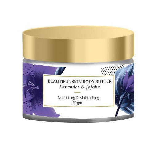 Body butter jar with gold lid and lavender and jojoba label on a white background