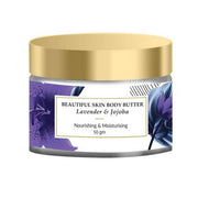 Body butter jar with gold lid and lavender and jojoba label on a white background