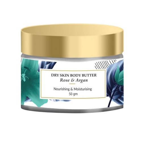 Dry skin body butter jar with gold lid and botanical design on a white background