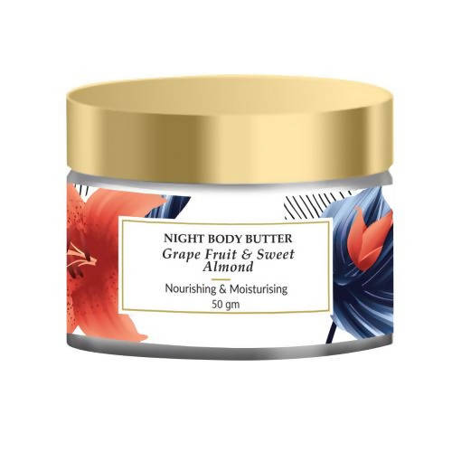 Jar of night body butter with grapefruit and sweet almond ingredients on a white background