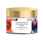 Jar of night body butter with grapefruit and sweet almond ingredients on a white background
