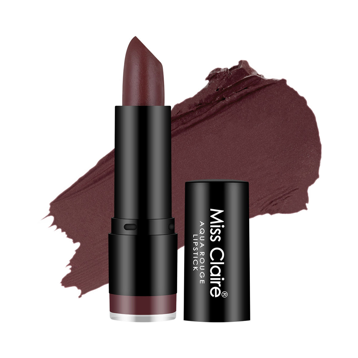 Miss Claire lipstick with black packaging and a swatch of the lipstick color on a white background