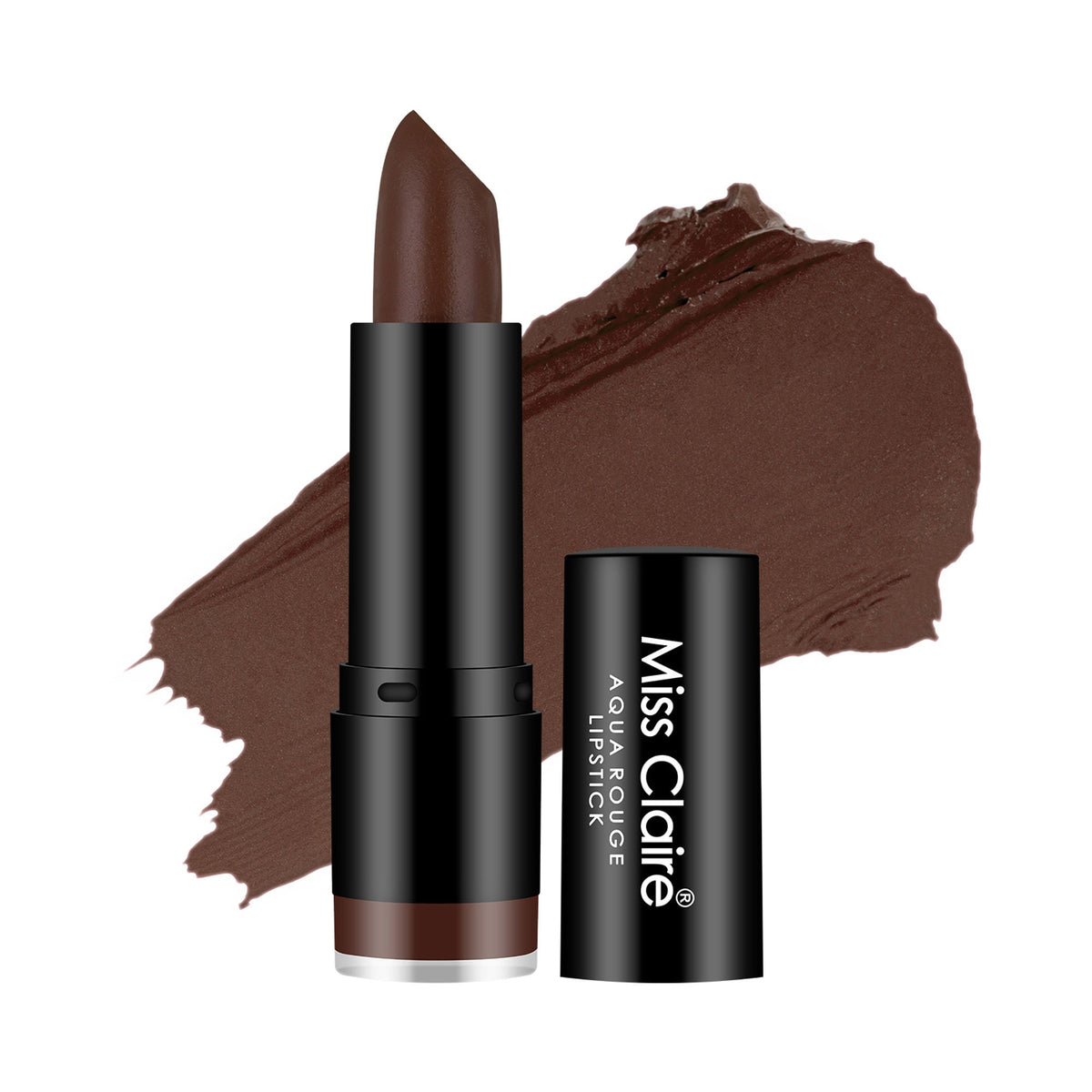 Brown lipstick with packaging and swatch on a white background, featuring 'Miss Claire' brand.