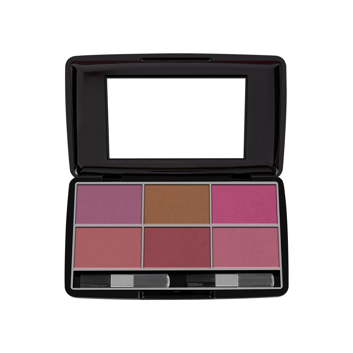 Makeup palette with six colors and a mirror on a white background