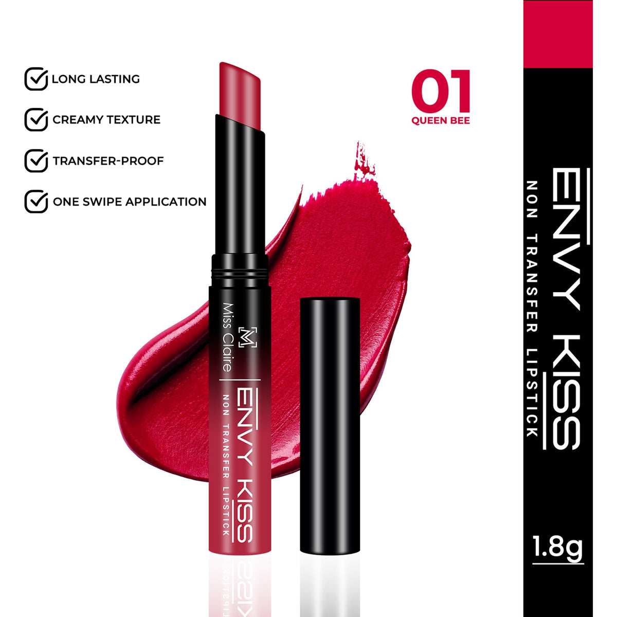Envy Kiss lipstick with red color swatch and product details on a white background
