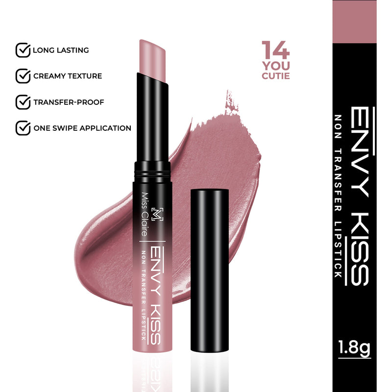 Envy Kiss lipstick with packaging and product details on a white background