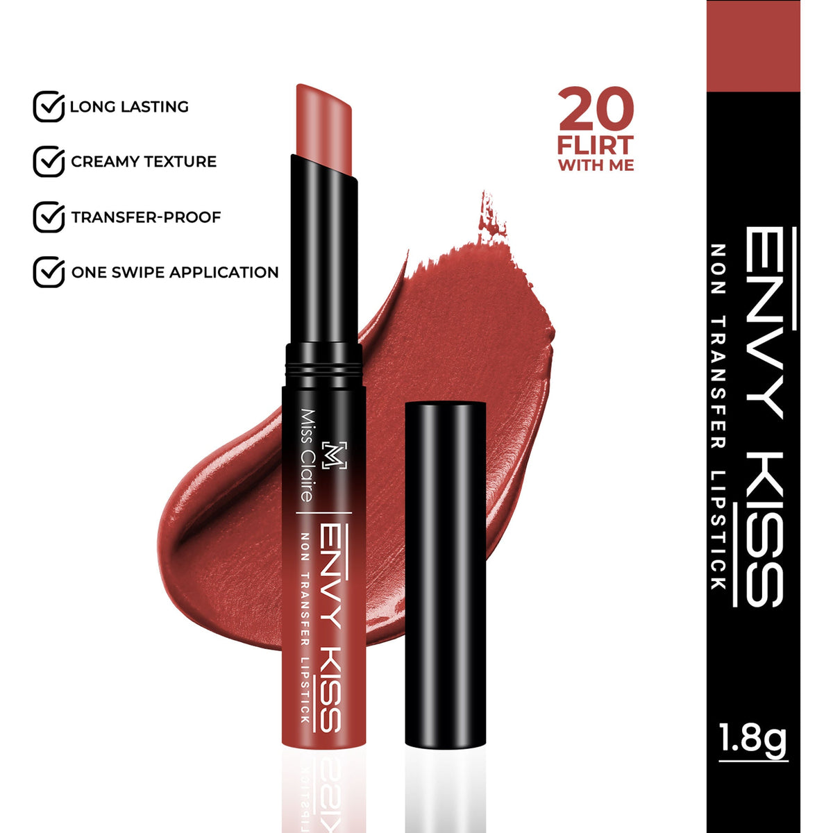 Envy Kiss lipstick with product details on a white background