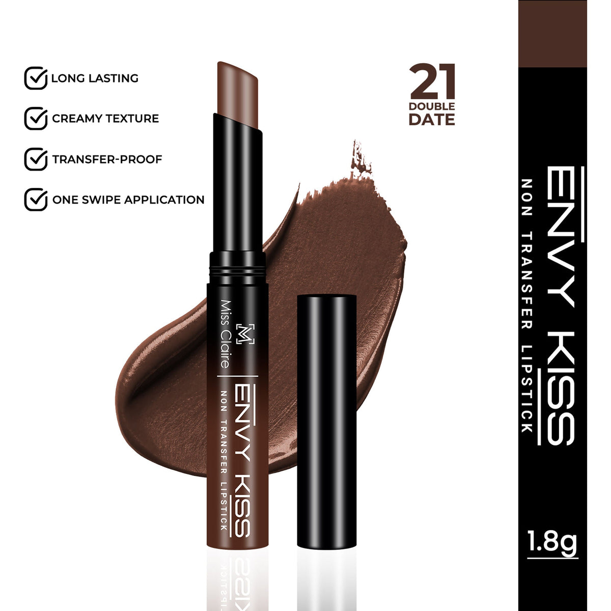 Envy Kiss non-transfer lipstick with brown shade, packaging details, and features on a white background.
