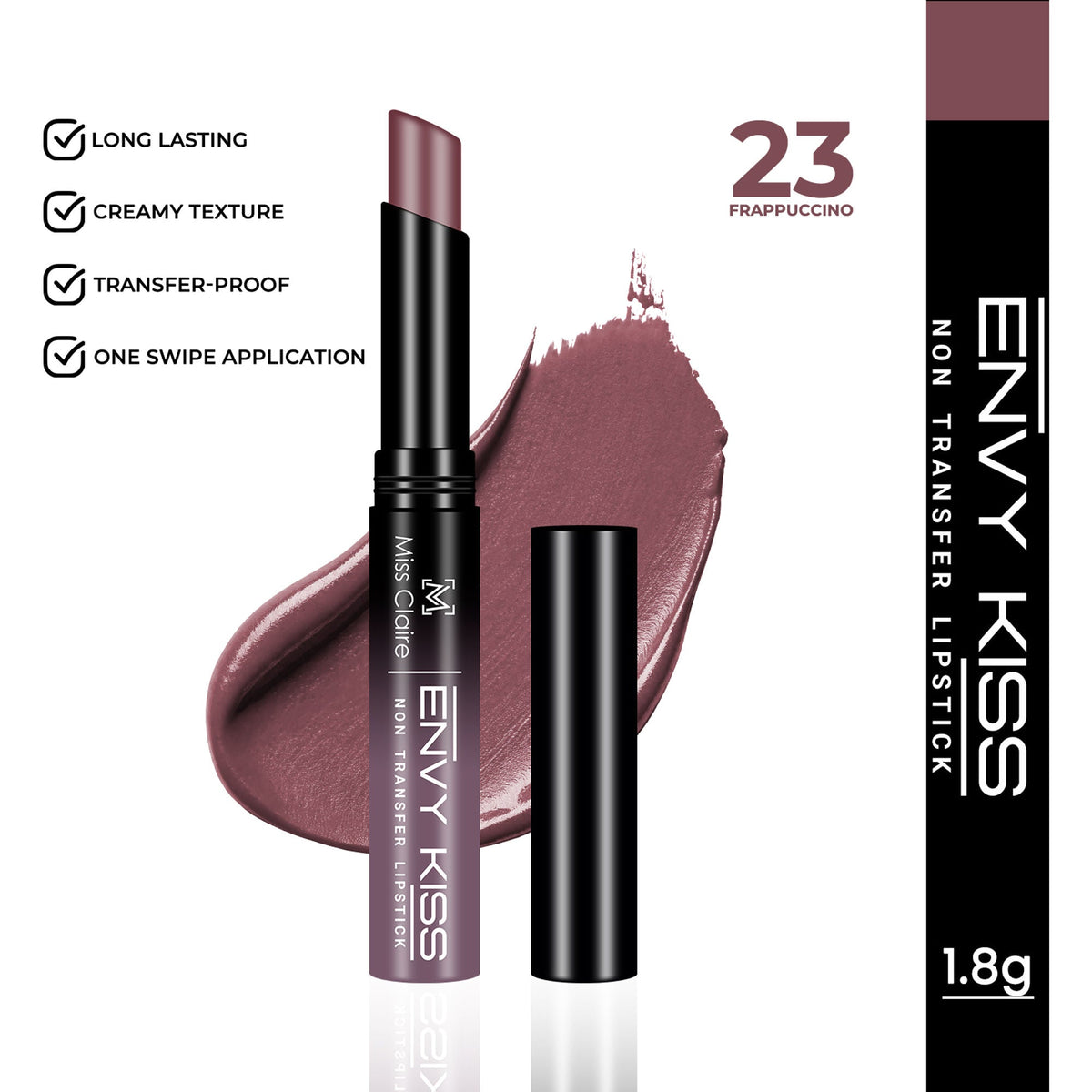 Envy Kiss lipstick with purple shade, brand name, and product details on a white background