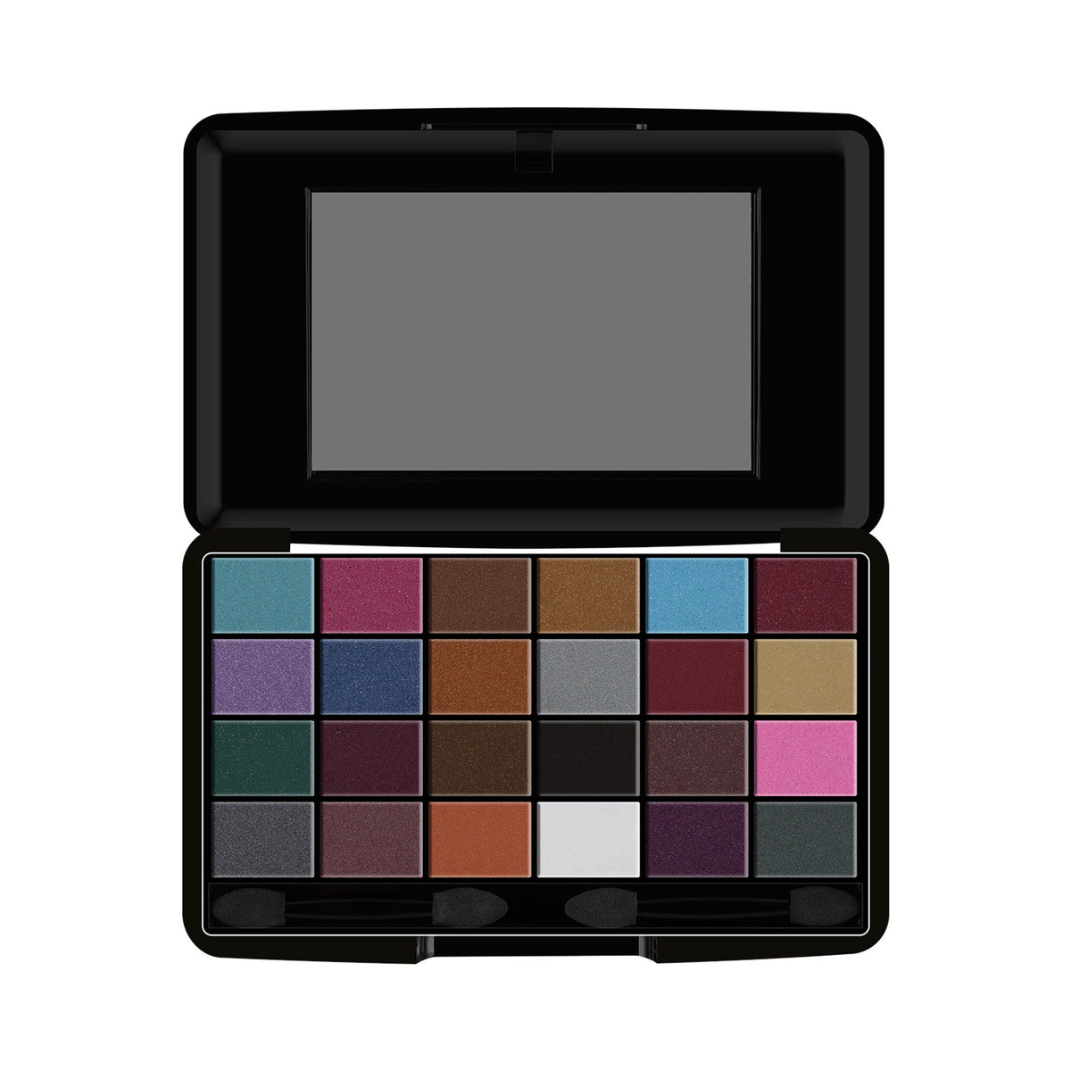Makeup palette with various colors on a white background