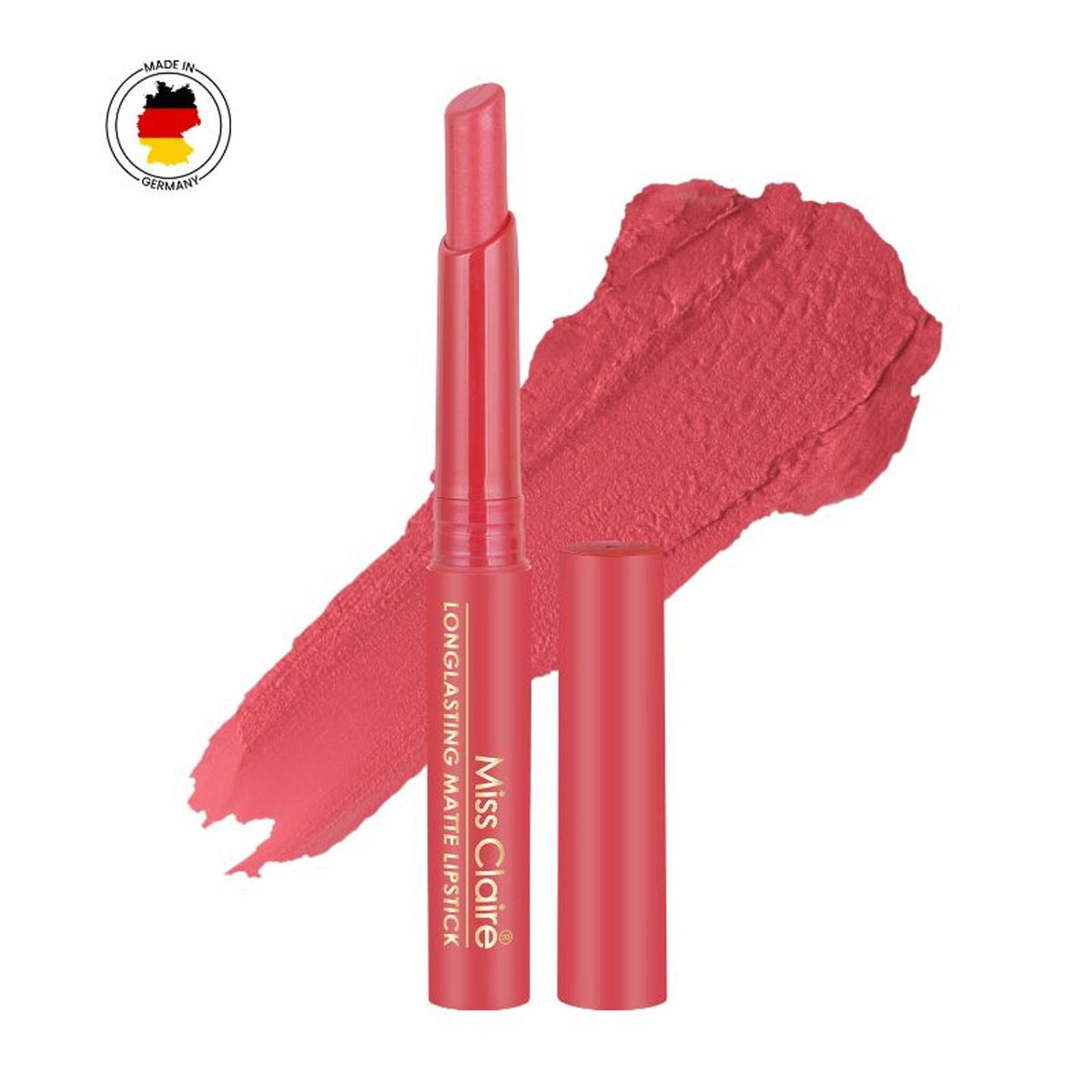 Miss Claire lipstick with a swatch on a white background