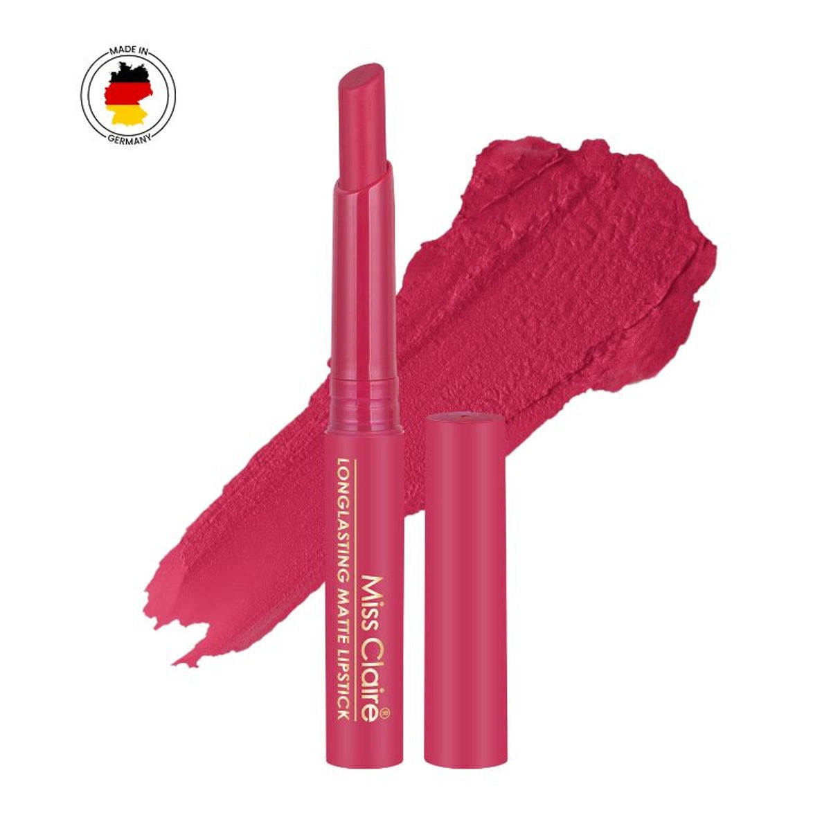 Pink lipstick with swatch and 'Miss Claro' branding on a white background