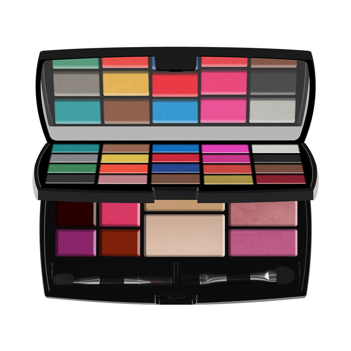 Makeup palette with various colors and applicators on a white background