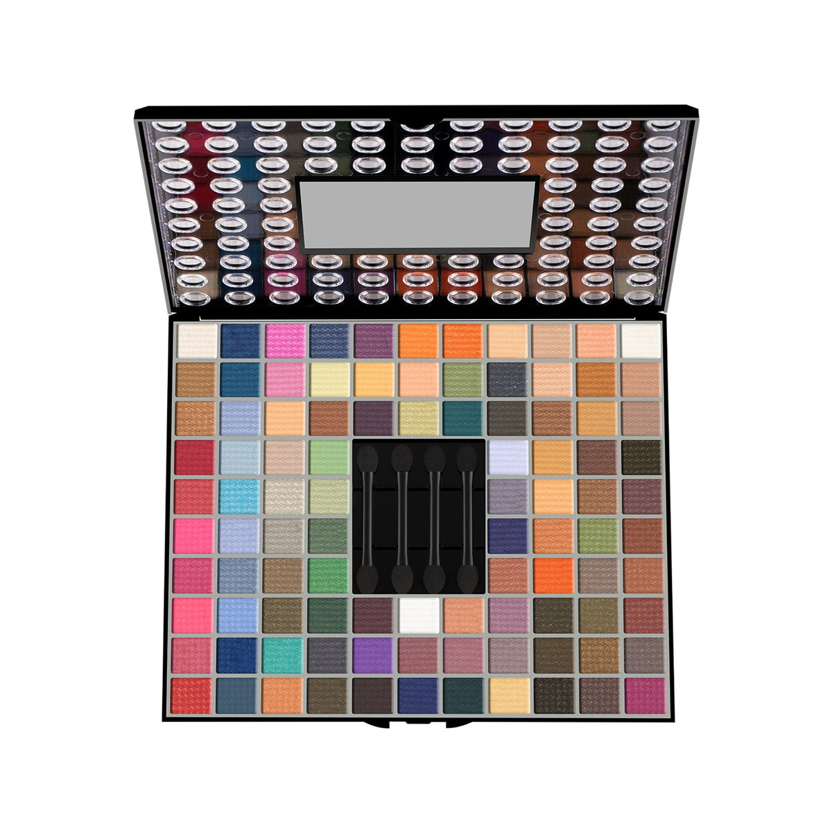 Makeup palette with color swatches and applicators on a white background