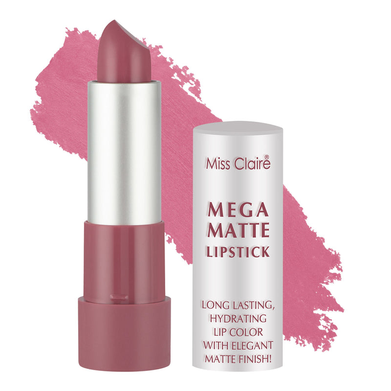 Miss Claire Mega Matte Lipstick with pink lipstick and packaging on a white background