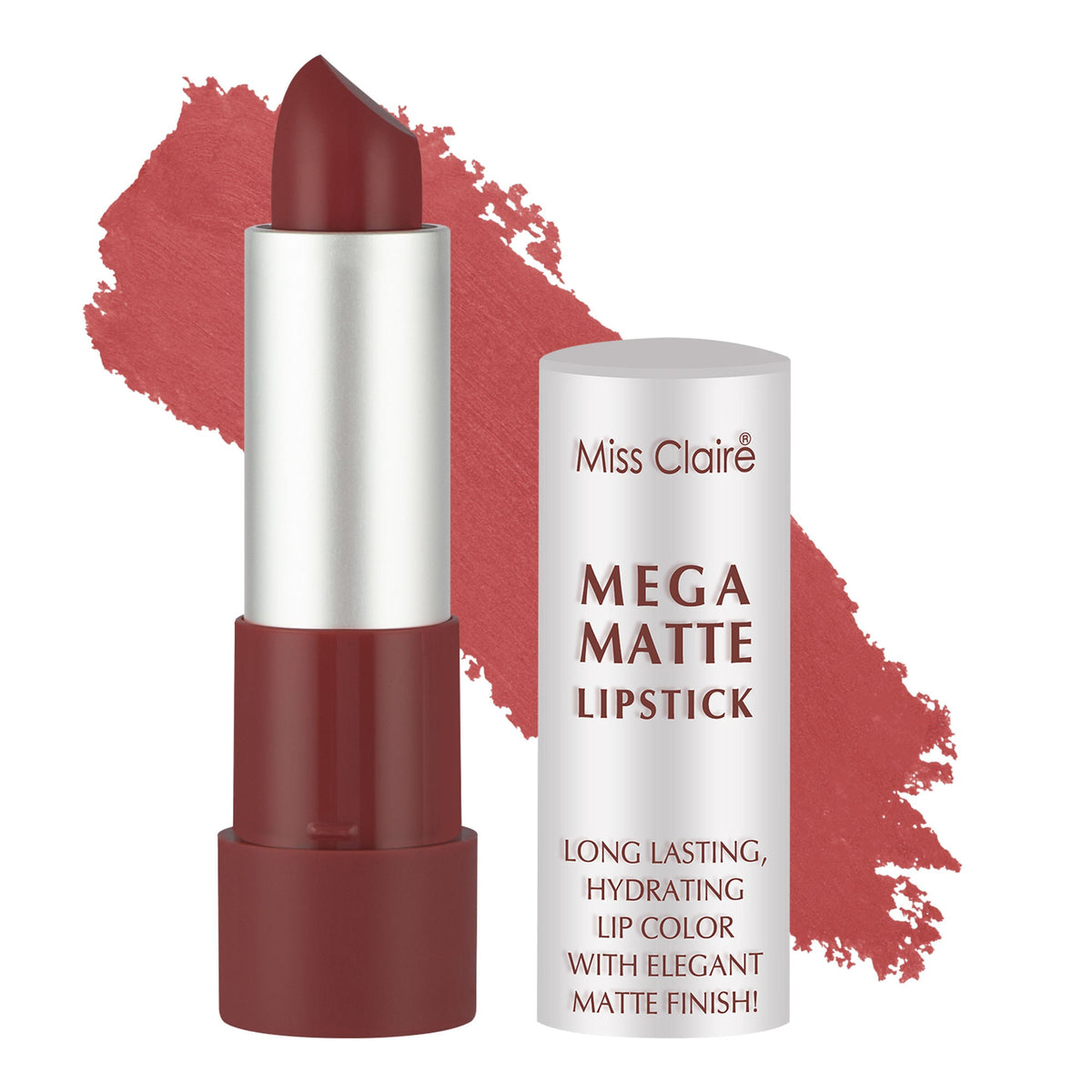 Miss Claire Mega Matte Lipstick with packaging on a white background