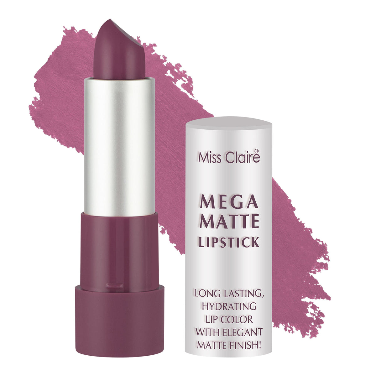 Purple lipstick with packaging labeled 'Miss Claire Mega Matte Lipstick' on a white background.